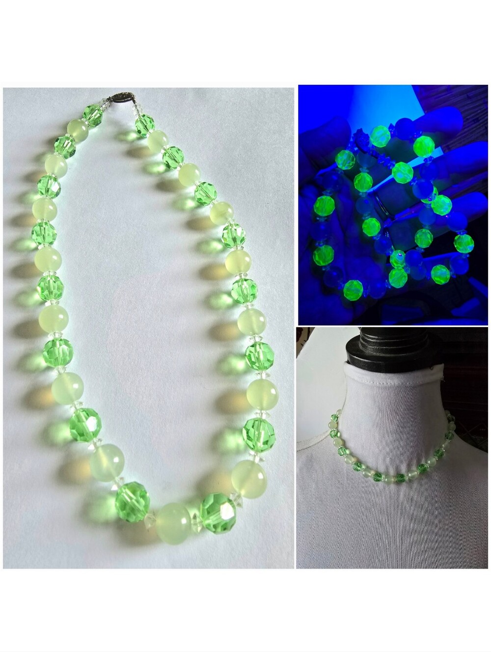 Vintage necklace UV glow green Sterling Silver clasp Art deco black light